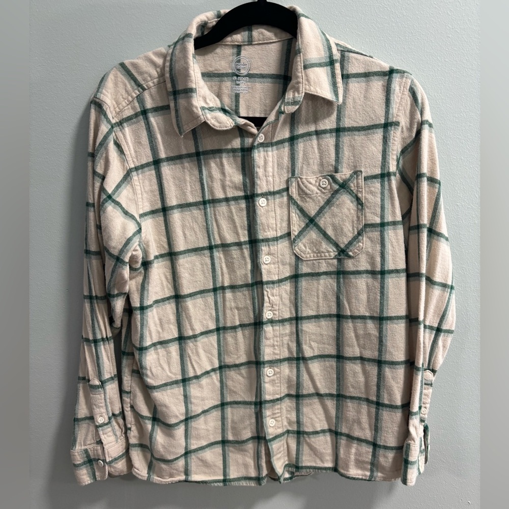 Wonder Nation Boys XL 14-16 Husky Green‎ Cream Plaid Flannel Shirt